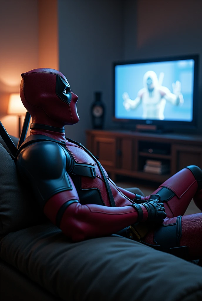 Deadpool watching tv ultra realistic image