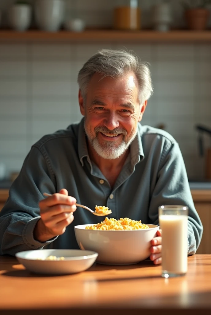 (photorealism:1.2), Person eating cereal in his daily life 