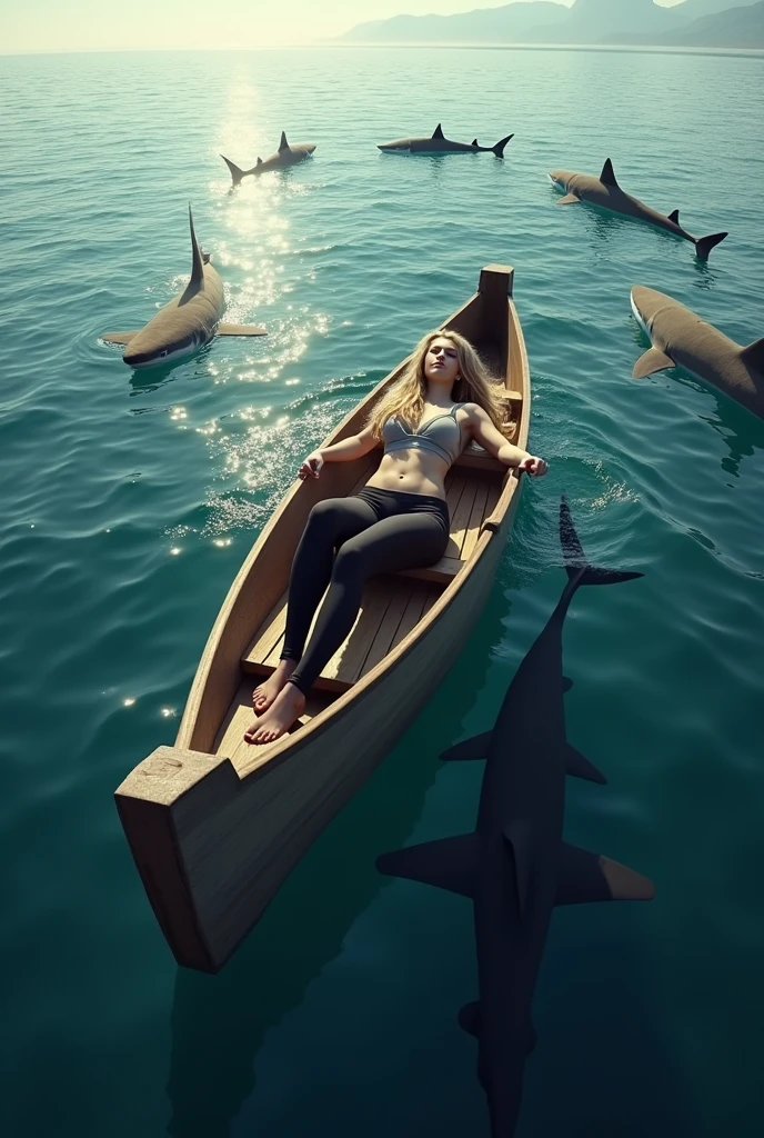 white girl wearing leggings spreadying on canoe boat in ocean; sharks swimming around