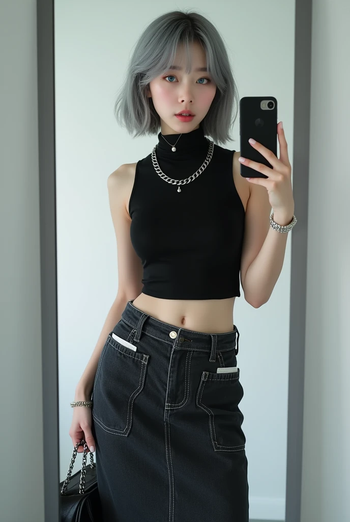 highly detailed, beautiful, hyper Realistic girl, masterpiece, best quality, Depict a mysterious and sophisticated beautiful Japanese gravure model,, 18-years-old, identity hidden, all body shot, / gray arranged hair, small head, Detailed face, cute and Pretty slim face, wide Duck mouth, perfect beautiful Tooth, arranged gray hair, shiny eyes, blue-colored eyes, Realistic skin, Detailed face, // standing, model posing, / The outfit features a black sleeveless turtleneck fusion of cropped tank top made from a lightweight, stretchy material. The top has thin shoulder straps and fits tightly, highlighting the wearer’s silhouette. The bottom piece is a midi-length denim skirt made from thick denim fabric. The skirt includes prominent stitching and large side pockets, adding a functional, cargo-style element to the design. Accessories include a simple silver chain necklace, a matching bracelet, and a small silver chain bag. The entire ensemble is styled in a monochromatic black and silver color palette, creating a sleek and urban look, //// simple white single room, gray frame mirror, complicated background /// takes a selfie in her room using a smartphone in front of a mirror with one hand, standing and sexy Posing, all body below shot, focus shoes, looking away from the camera,
