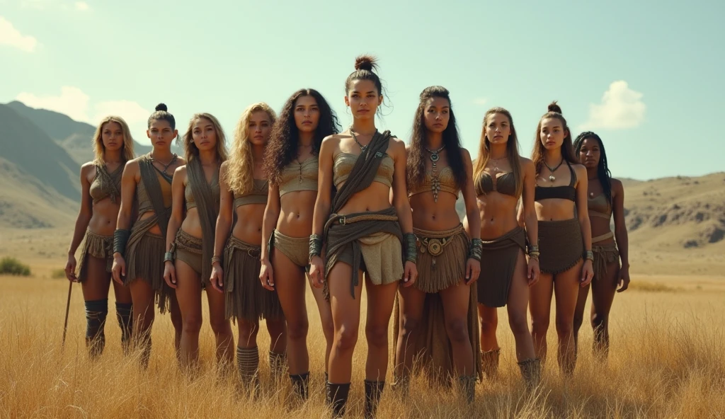 Brave Amazon Warriors, defying societal norms, ancient Scythia, simple yet strong clothing made of natural materials, open fields under a clear sky, living freely and joyfully, wide shot, hyper-realistic, photo realism, cinematography --ar 9:16.