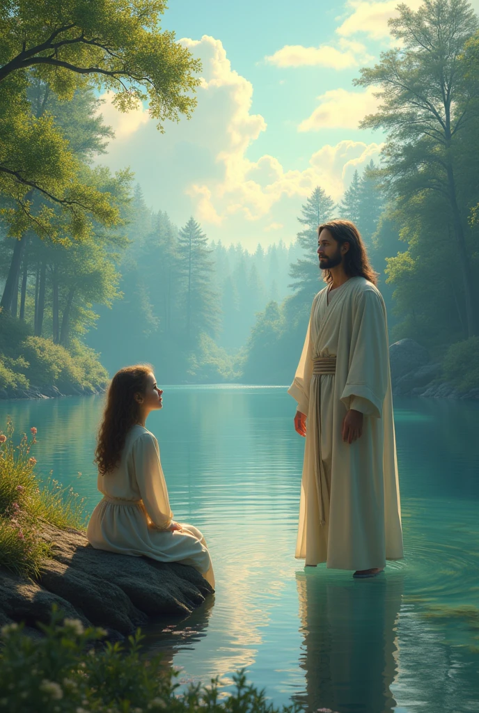 Can you visualize an image for a job?, of the movie "miracles from heaven" and the girl in front of the sky full of flowers and a lake surrounded by trees.
She sits in front of the lake and Jesus at her side. 