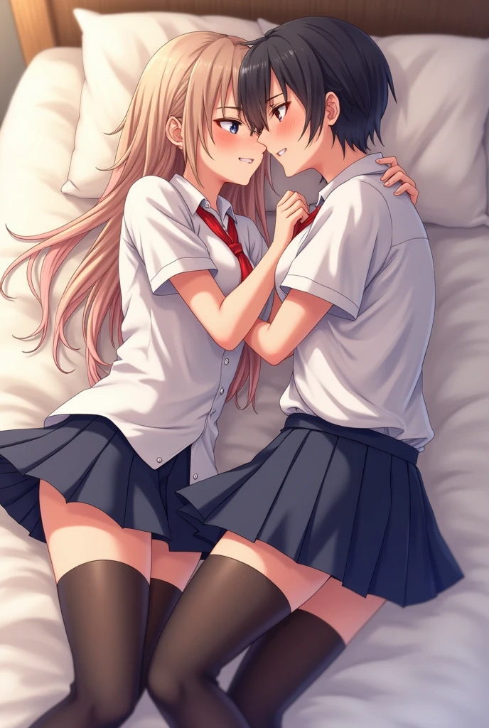 Two cute anime femboys in bed kissing and cuddling wearing femboy skirt school uniform and tights touching each other’s thighs laying