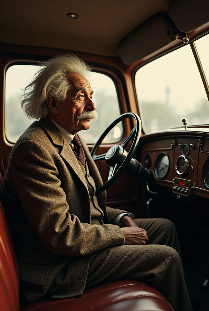 Albert Einstein sit in a car