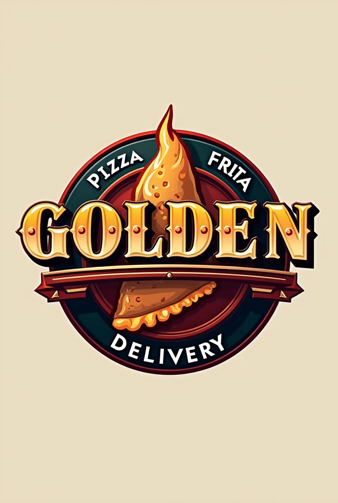Create a logo image for a restaurant called “Golden” that will be highlighted, with the text “pizza frita” semi-highlighted and “delivery” below. The logo should incorporate  a calzone. Use bold, industrial-style fonts for the business name “Golden” to convey strength and durability. Include a color palette that reflects a delivery restaurant, with metallic hues like red and orange accented by a vibrant, contrasting color like black or blue to represent heat and intensity of flavor. The design should be clean, modern, and professional, suitable for branding on various materials, such as business cards, signage, and company vehicles., 3D rendering. the background should be neutral