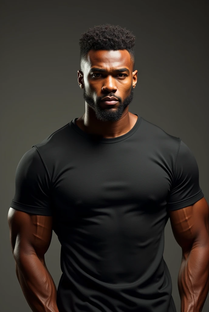 He is very muscular and has thick arms., wearing a tight t-shirt that shows off his muscles.、Black man with curly hair nudred short style。sem beard. bbc porn actor style. 