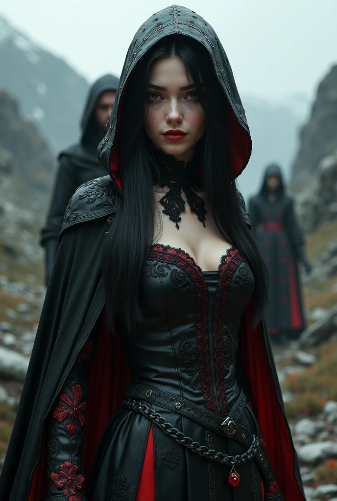 Grimdark surreal cute lady gothic Victorian sexy style ultra detailed 3D effect ultra-detailed intricate insanely full HD resolution 4K, bearded mountain man Homeless hooded cloak sinister , horror, black and red leather cape adventure, epic fantasy, western, wild west, Middle age