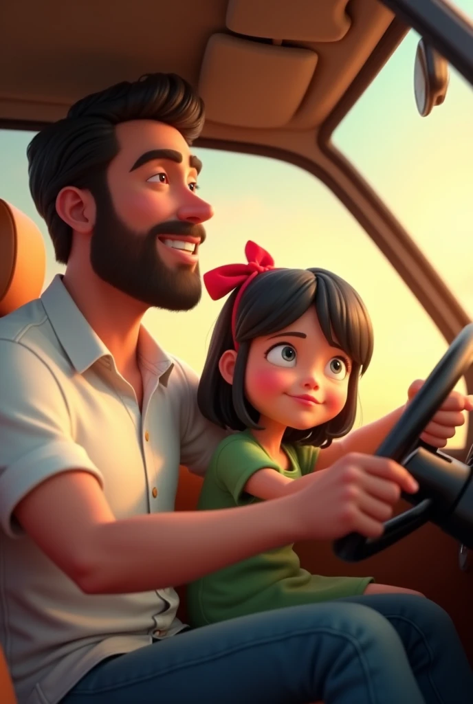 a girl with shoulder length black hair, green dress and a red ribbon in her hair with a 40-year-old father in a white shirt and jeans holding the steering wheel of a car and, 3D cartoon style, cinematic