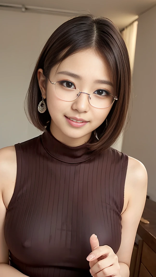 Light background、Japanese women, 青いturtleneck,sleeveless sweater、 (((masterpiece))), ((Highest quality)), ((Intricate details)), (((Ultra-Realistic)), irrational solution, The Law of Perspective, Very detailed, Realistic, 1 girl, ((Big Breasts)), Perfect hands, Finger details, Beautiful and beautiful eyes, Short bob hair with highlights, Brown eyes,(turtleneck:1.2), Tight Skirt, Detailed Background, choker, Perfect Eyes, Captivating eyes, Looking at the audience, from the front,smile,Rimless glasses,Earrings,Beautiful moisturized lips