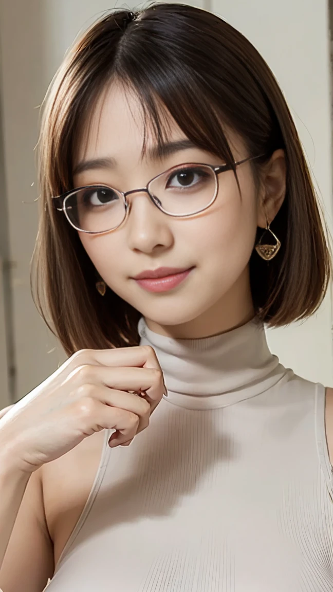 Light background、Japanese women, 青いturtleneck,sleeveless sweater、 (((masterpiece))), ((Highest quality)), ((Intricate details)), (((Ultra-Realistic)), irrational solution, The Law of Perspective, Very detailed, Realistic, 1 girl, ((Big Breasts)), Perfect hands, Finger details, Beautiful and beautiful eyes, Short bob hair with highlights, Brown eyes,(turtleneck:1.2), Tight Skirt, Detailed Background, choker, Perfect Eyes, Captivating eyes, Looking at the audience, from the front,smile,Rimless glasses,Earrings,Beautiful moisturized lips