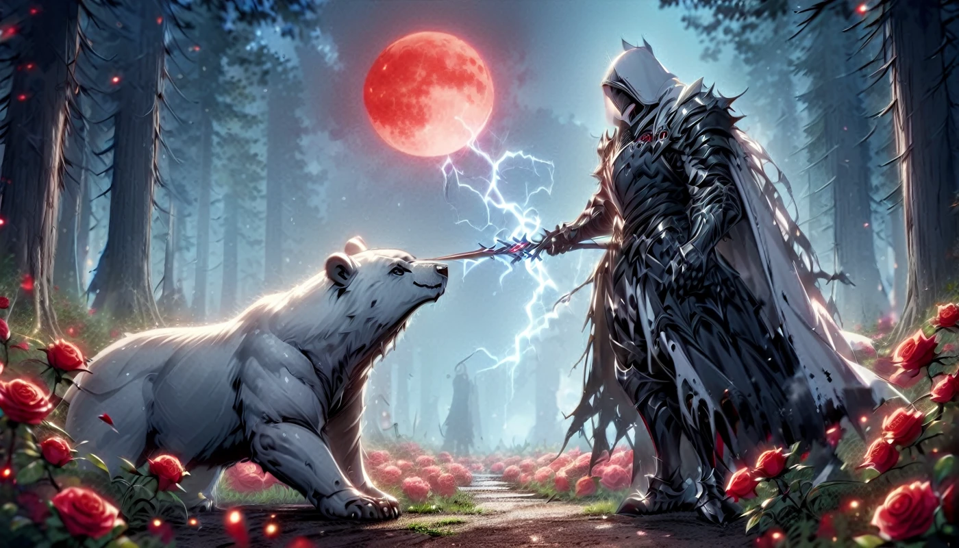 Male knight with a white hood with bear ears with sword behind his back sits towards a polar bear in a forest while the moon shines, many Roses cover the ground and lightning falls from the sky. The polar bear has black eyes and a calm appearance. Only the man wears a red blindfold. In the background of the picture is the blood moon. The forest is full of trees with leaves. The armor of the man is black with red roses on it. The knight tries to pet the polar bear. 