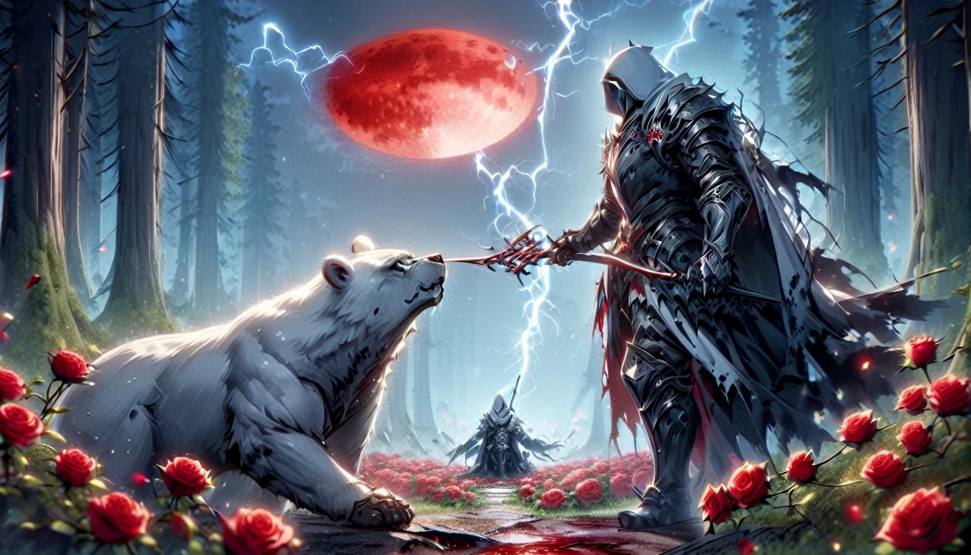 Male knight with a white hood with bear ears with sword behind his back sits towards a polar bear in a forest while the moon shines, many Roses cover the ground and lightning falls from the sky. The polar bear has black eyes and a calm appearance. Only the man wears a red blindfold. In the background of the picture is the blood moon. The forest is full of trees with leaves. The armor of the man is black with red roses on it. The knight tries to pet the polar bear. 