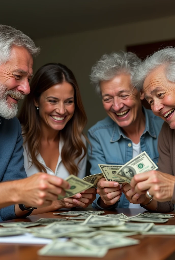 Create a image on 2 usa men and 2 usa women Counting US Dollars looks real human with smile