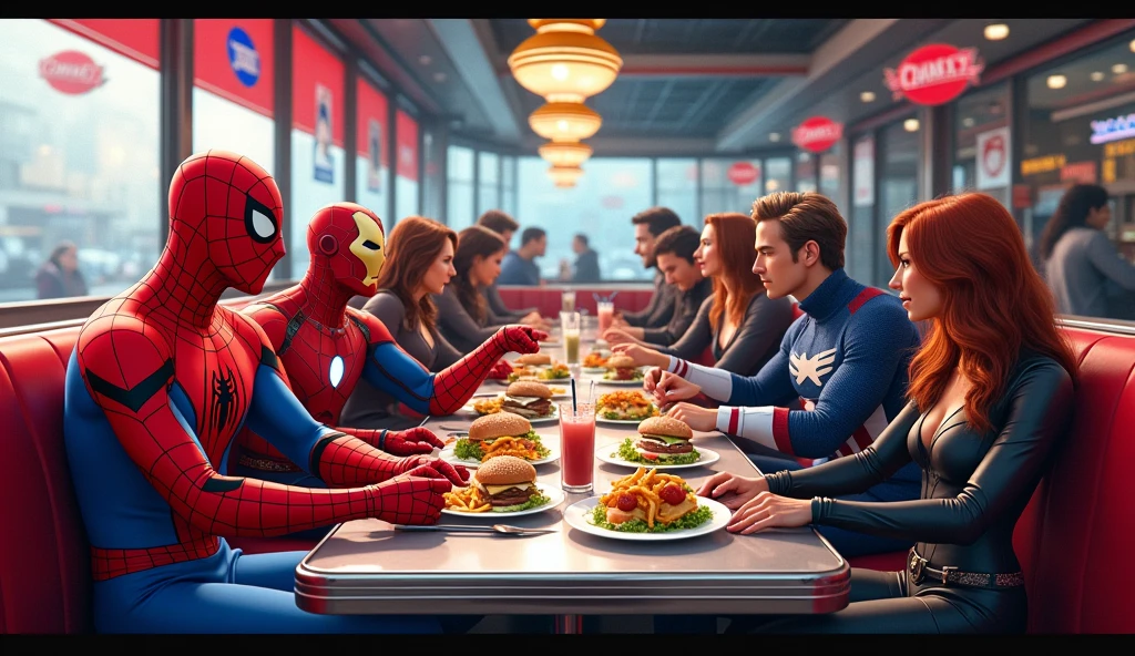 Spiderman with marvel friends eating at a diner