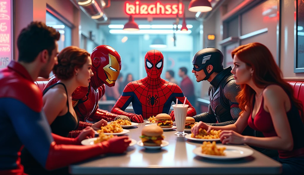 Spiderman with marvel friends eating at a diner