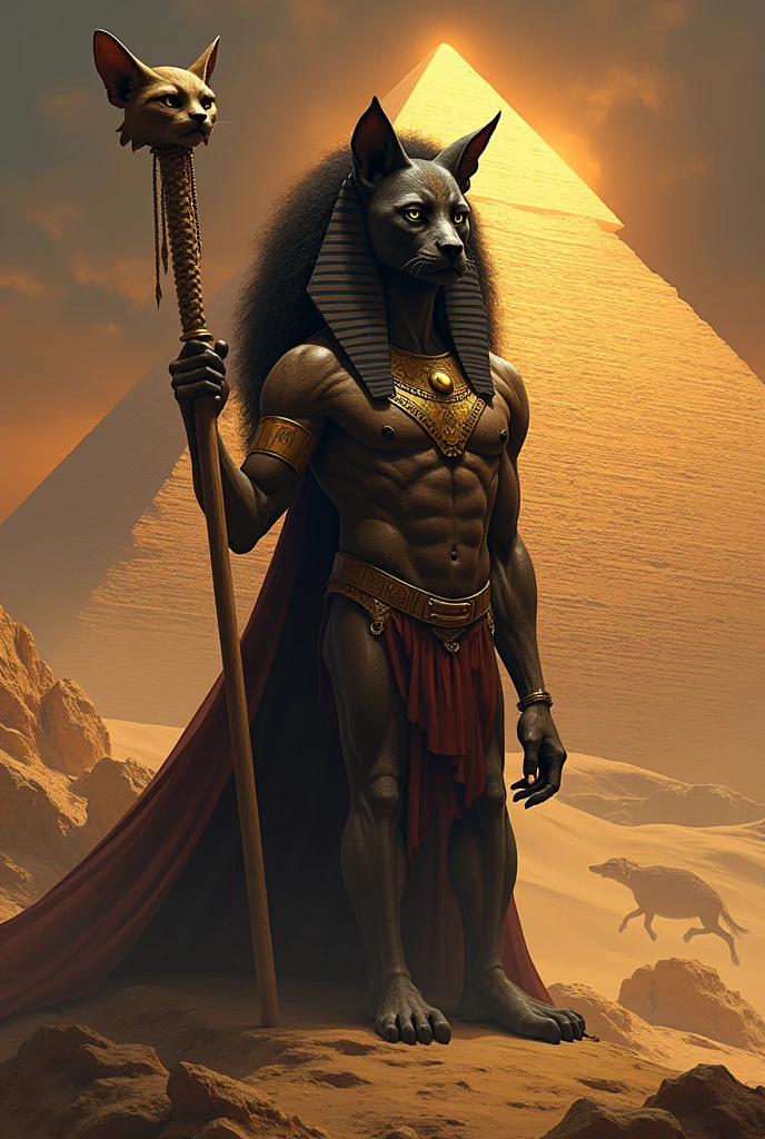illustration d'Un sphinx anthropomorphe femelle avec une coupe afro, montrant ses crocs de vampire et ses griffes tel une furie, en entier, devant une pyramide, tenant un sceptre avec une tête de chat, avec un ciel doré en arrière-plan.