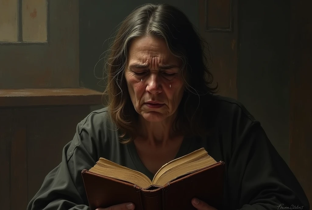 A woman praying with the Bible in her hands crying 