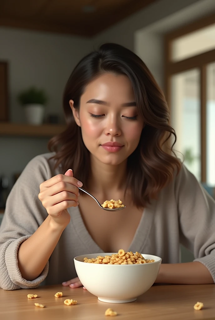(photorealism:1.2), woman eating cereal in her daily life