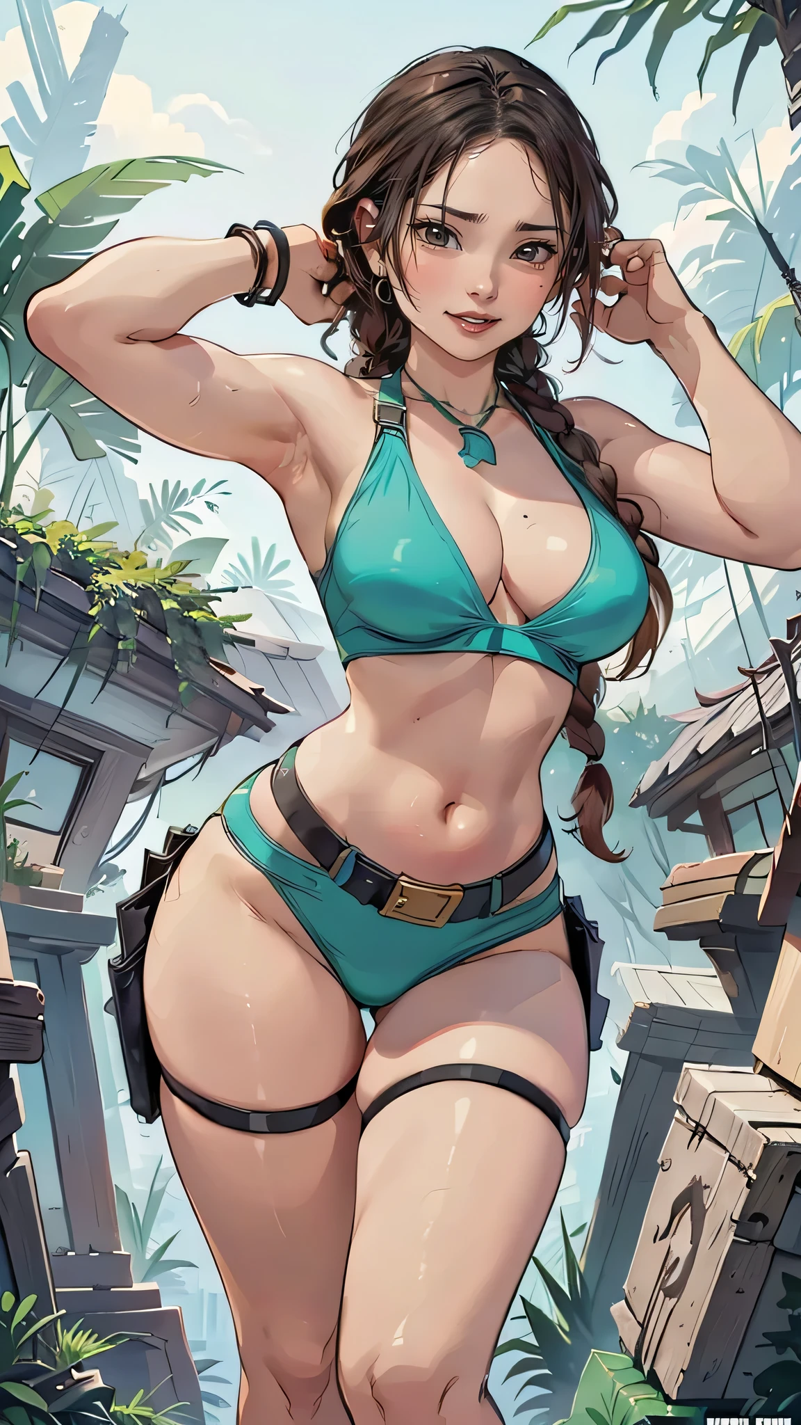 Lara Croft, Tomb Raider, Goddess of sensuality, perfectbody, Perky and perfect breasts, Angelic beauty, Body with curves, sultry posing, fully body, Scenery and an Enchanted Forest, Hyper Realist, strong and vibrant colors, 1girl, solo, one girl