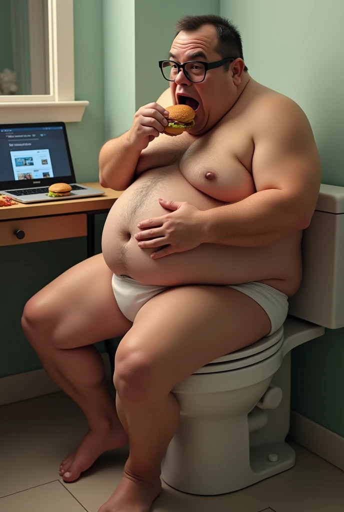 A slightly overweight man wearing glasses and underwear sitting on in a toilet scratching his bellybutton with his rights hand while biting hamburger with his left while staring at a laptop viewed from the side