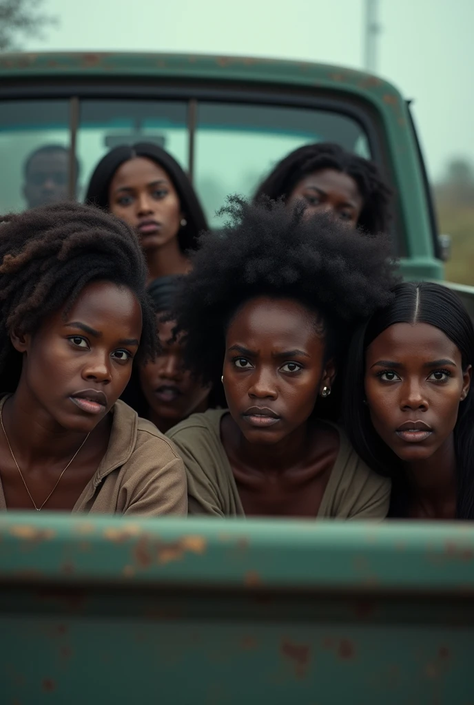 several black women in the back of a truck scared