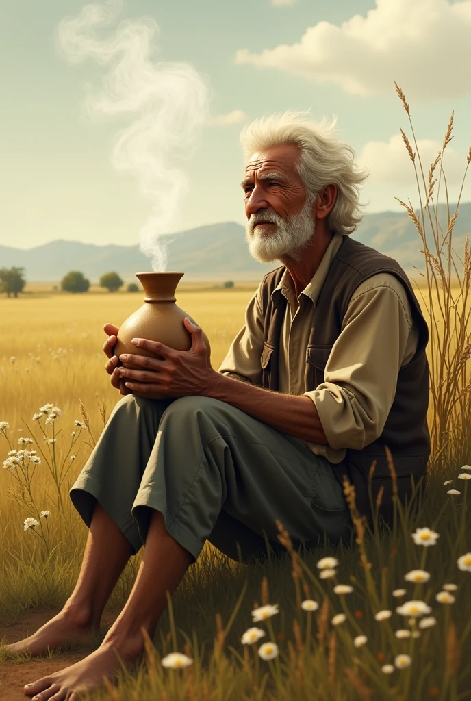 Old man in a field drinking mate 