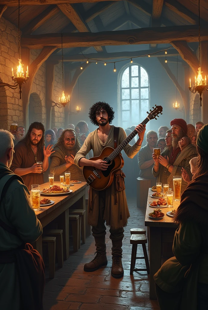 A medieval tavern with several elves, Dwarves, gnomes, Tielfing, half orcs and etc.). Among them is a bard who is a thin young man with white skin who has curly black hair that falls to his shoulders and a black beard..