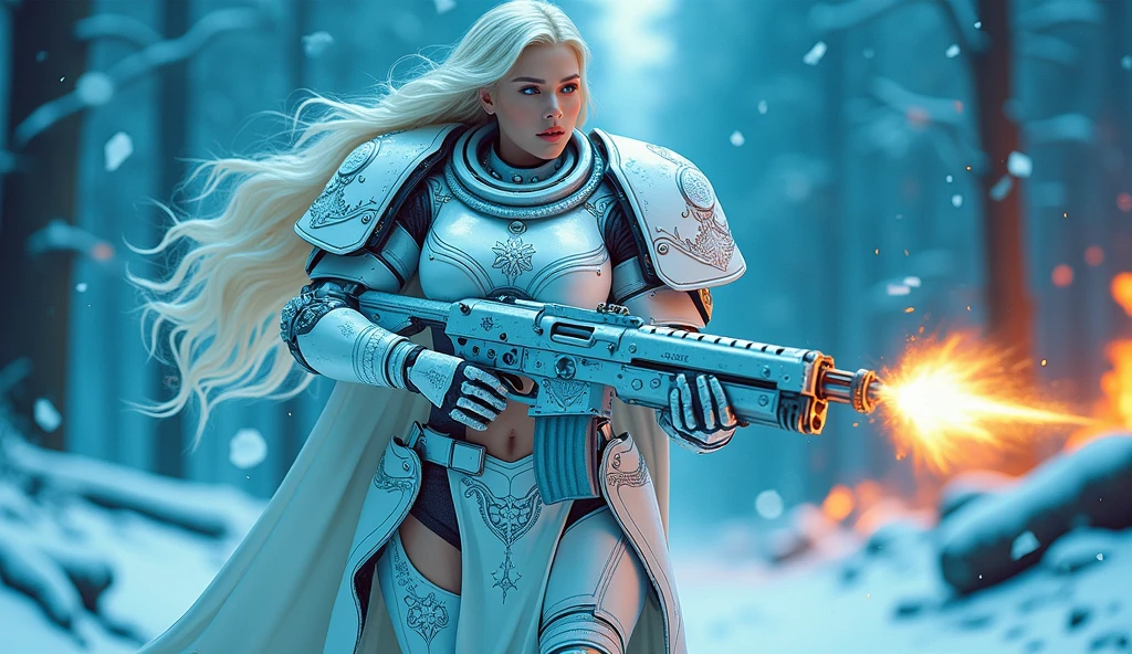 a beautiful woman with long platinum blonde hair, porcelain skin, ice blue eyes, sexy sisters of battle from the warhammer 40k, shooting at the enemy, frosty white and light blue space marine armor with intricate details, religous symbols on the armor, sisters of battle, warhammer 40k, Massive silicone breast, pale skin, seductive, temptation, eat your soul, clevage, , standing in a magical winter wonderland with snow-covered trees and frozen lakes, intricate ice crystals and snowflakes surrounding her, (best quality,4k,8k,highres,masterpiece:1.2),ultra-detailed,(realistic,photorealistic,photo-realistic:1.37),fantasy,digital art,cinematic lighting, highly detailed armor, intricate futuristic weaponry, gritty and realistic, mecha, science fiction, hyper-detailed, photorealistic, award winning digital art, 8k, HDR, masters work, in the middle of a battle field, full body combat action pose, explosions and fire around, full war, charging, running forward, attacking, stunning, Stilleto heels, high heels, full body pose, cinematic, dust and debree, combat screams, attacking, shooting at the enemy, sisters of battle, warhammer 40kdramatic color palette,frozen landscape,ice powers,snow queen