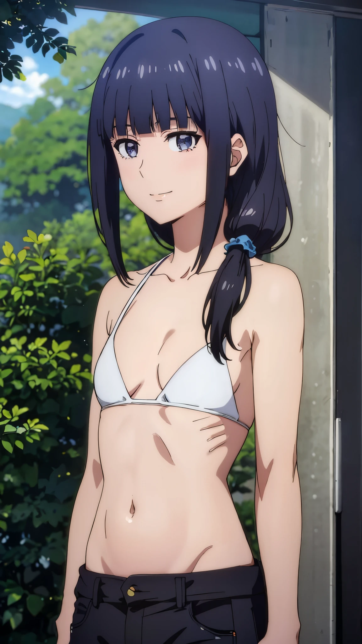 short girl, 1girl, anime artstyle, masterpiece, highres, solo, 8k, detailed, perfect face, best quality, (ultra high quality), looking viewers, (armpit), collarbone, bare arm, small breast, cleavage, black hair, long hair, low ponytail, black eyes, small pupils, belly, stomach, navel, abs, micro bikini, white bikini, mini short, denim short, slim body, upper body, smile, at forest, hands down