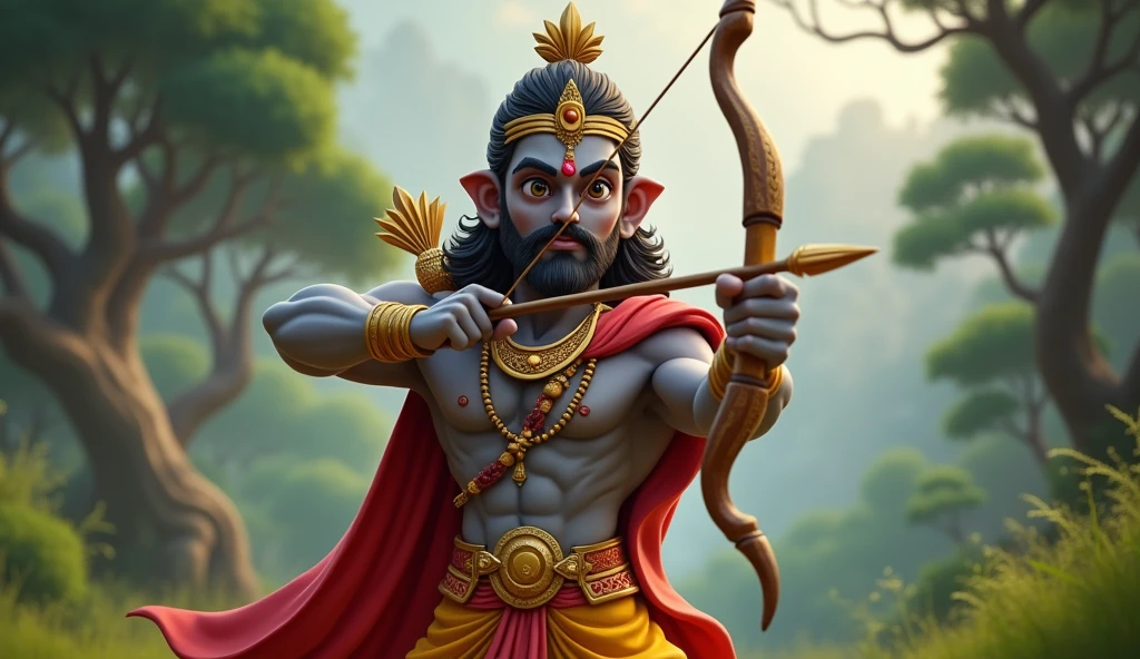 Generate in cinematic 3d cartoon style
Lord Ram drawing an arrow** from his quiver, with a determined expression on his face.