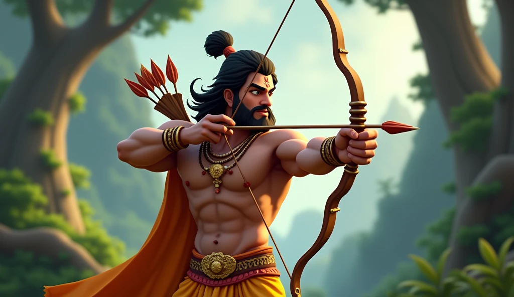 Generate in cinematic 3d cartoon style
Lord Ram drawing an arrow** from his quiver, with a determined expression on his face.