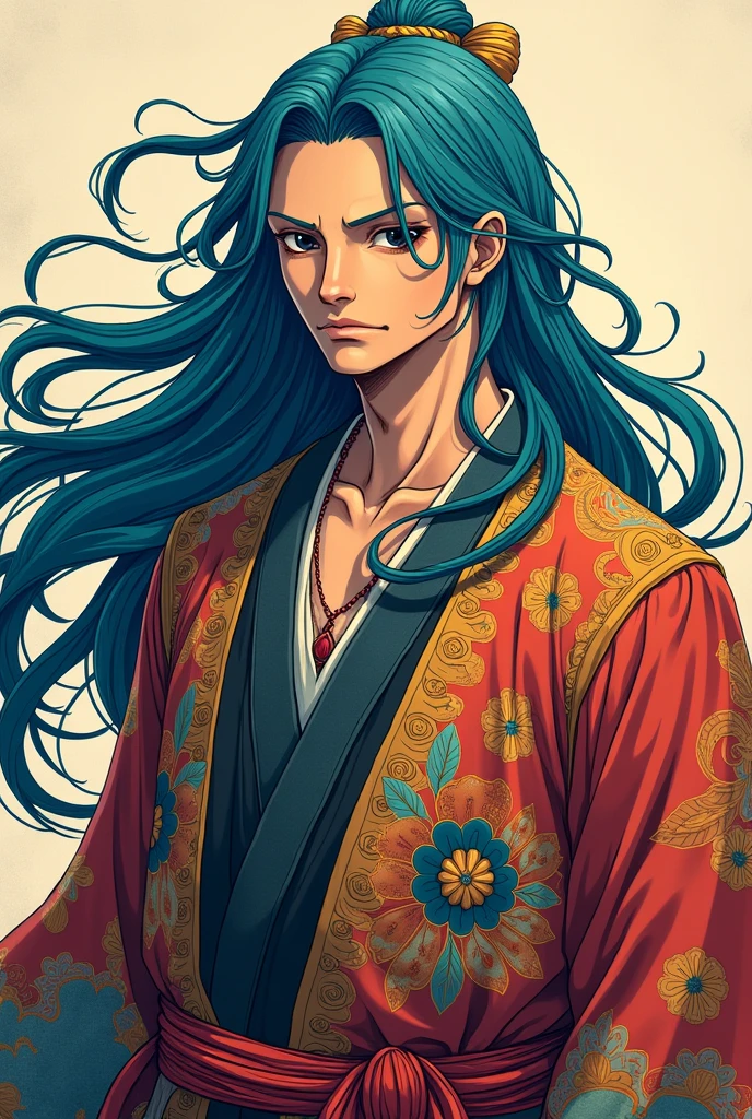 A man with the drawing style of ONE PIECE, that has long blue hair, Chinese culture clothing style and black eyes