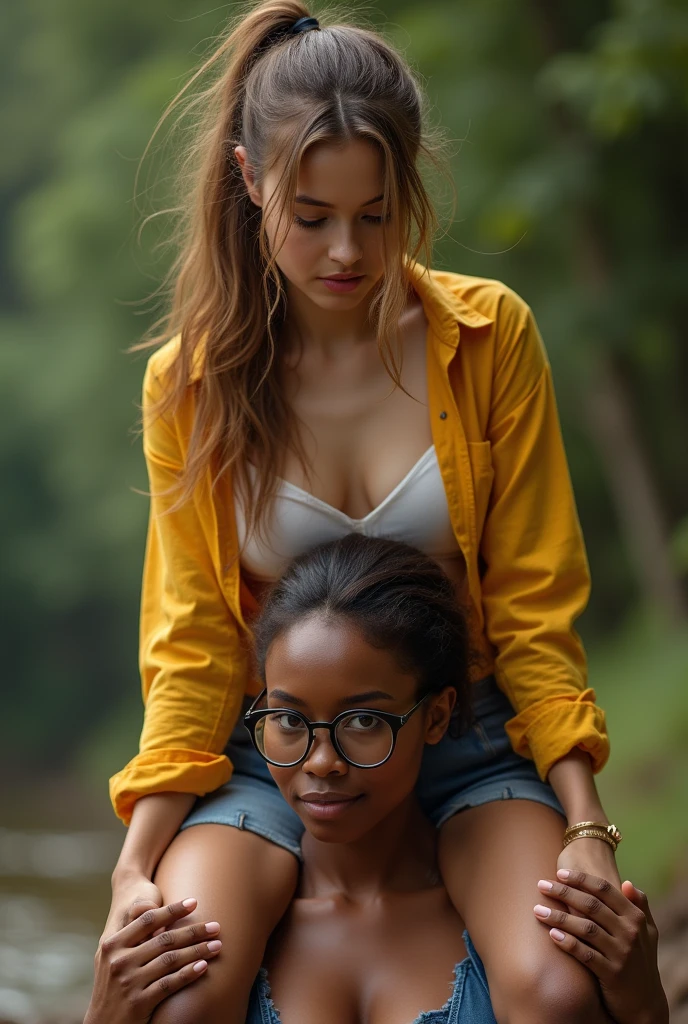 Create a photo of a 30 year old young woman, with long light brown hair tied in a ponytail with a lock of hair over her face, slender and beautiful body, wearing jean shorts and an open yellow shirt without a bra with bare breasts, with white and clear skin, is facing the camera being carried on the shoulders of a dark-skinned woman, obese, with short hair who is wearing a blue dress and glasses