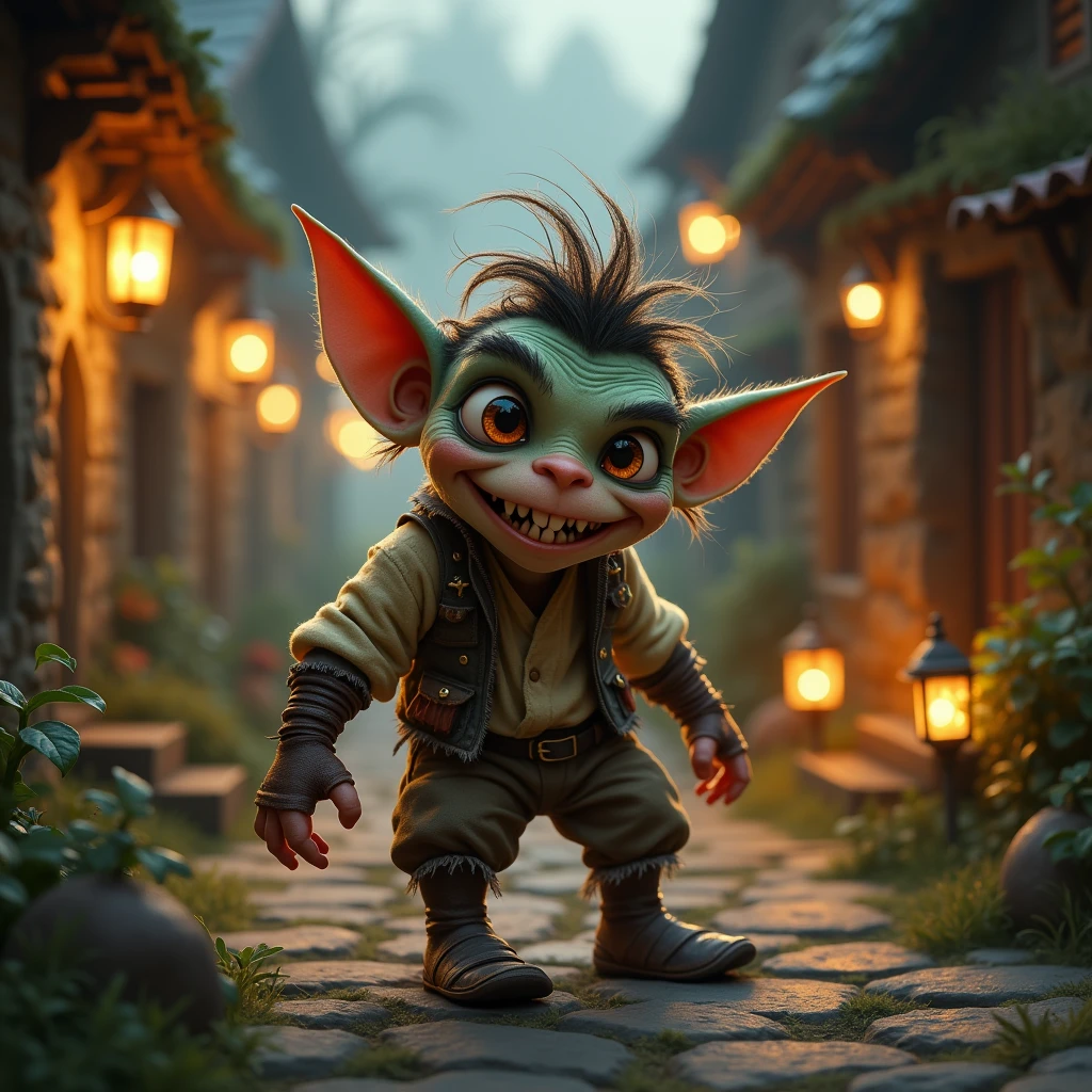 In a quaint, rustic village illuminated by warm, flickering lanterns, a goblin-like creature emerges from the shadows, embodying a blend of whimsy and eeriness. This playful trickster has large, expressive eyes that gleam with mischief and curiosity, and a mouth full of sharp teeth revealed by its wide, cheeky grin.
Its appearance is accentuated by tattered, traditional clothing that tells tales of an ancient folklore. The ensemble includes a patchwork vest, worn trousers, and a mismatched pair of boots, all in muted earth tones and frayed edges. Wild, unkempt hair sprouts from its head, adding to its untamed and unpredictable aura.
The background is a meticulously detailed village scene, with cobblestone paths leading to cozy cottages, each adorned with delicate lanterns casting a warm, inviting glow. The ambient light creates an enchanting atmosphere, blending the ordinary with the fantastical.
The composition is both whimsical and cinematic, capturing the goblin's playful yet eerie nature. The creature’s pose is dynamic, as if caught in the act of some harmless mischief, perhaps swiping a pie from a windowsill or sneakily untying a villager’s shoelaces. The detail is rich, making it a trending piece on ArtStation, resonating with fans of folklore and fantasy art.