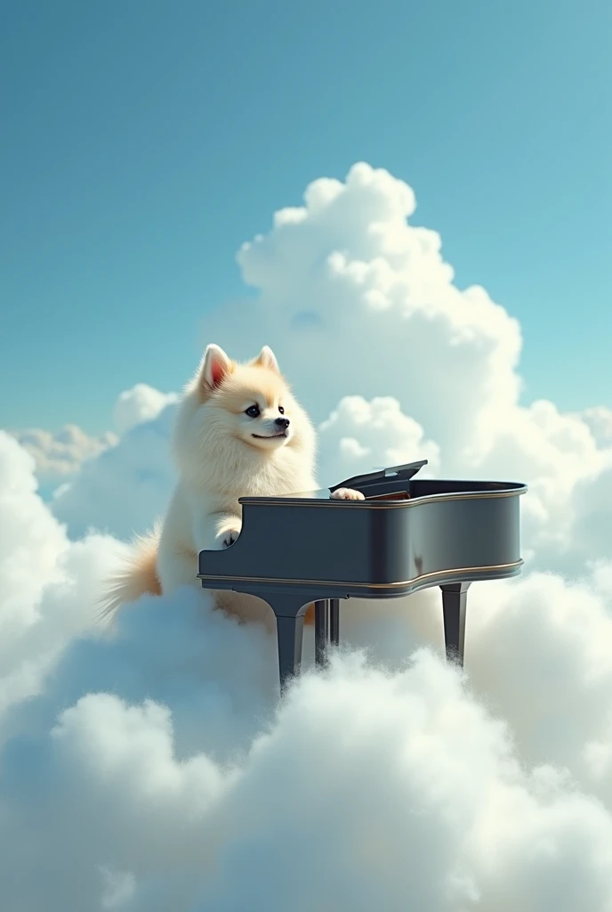 Un chien de race splitz nain qui fait du piano sur un nuage 
