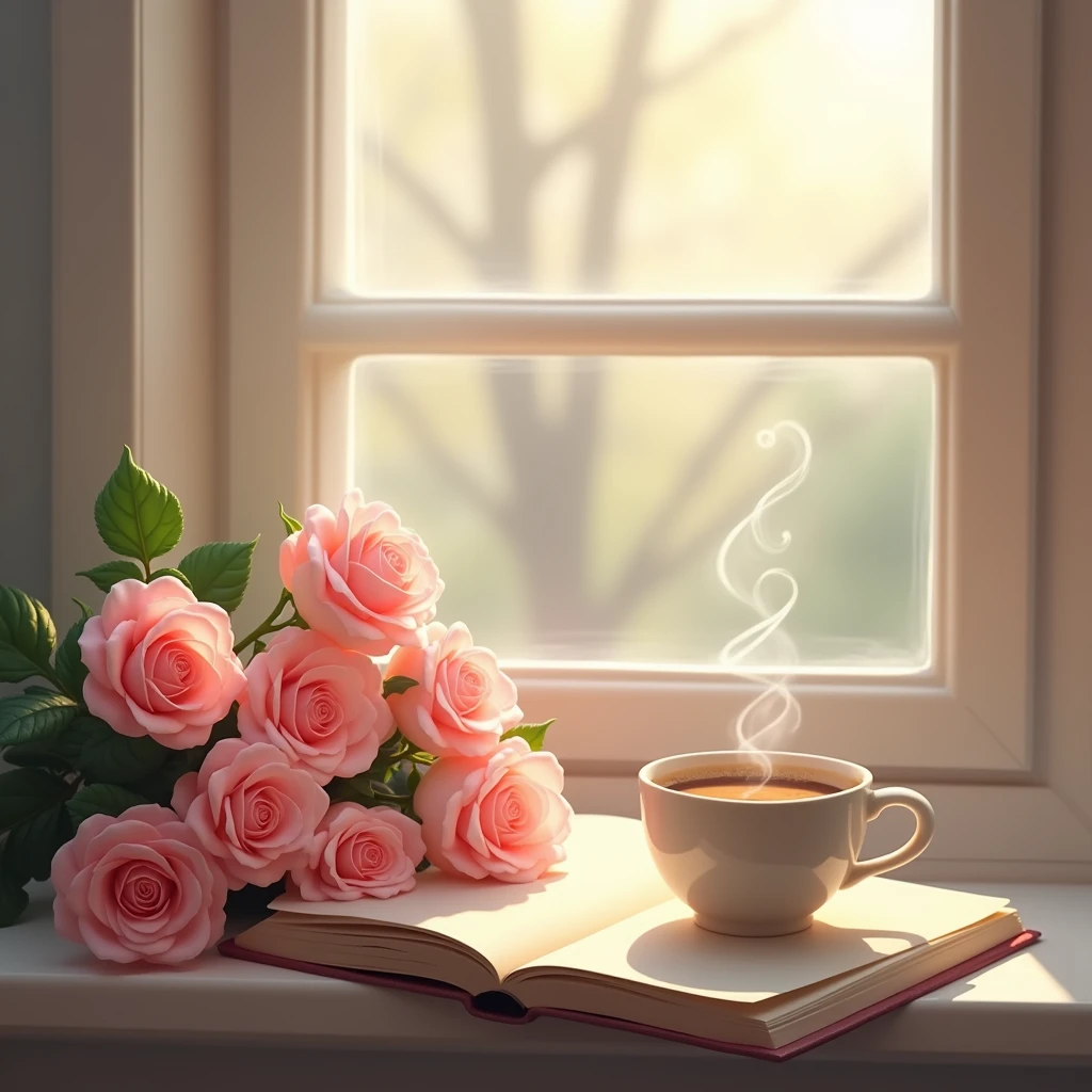 book,coffee,Pink Roses,By the window
