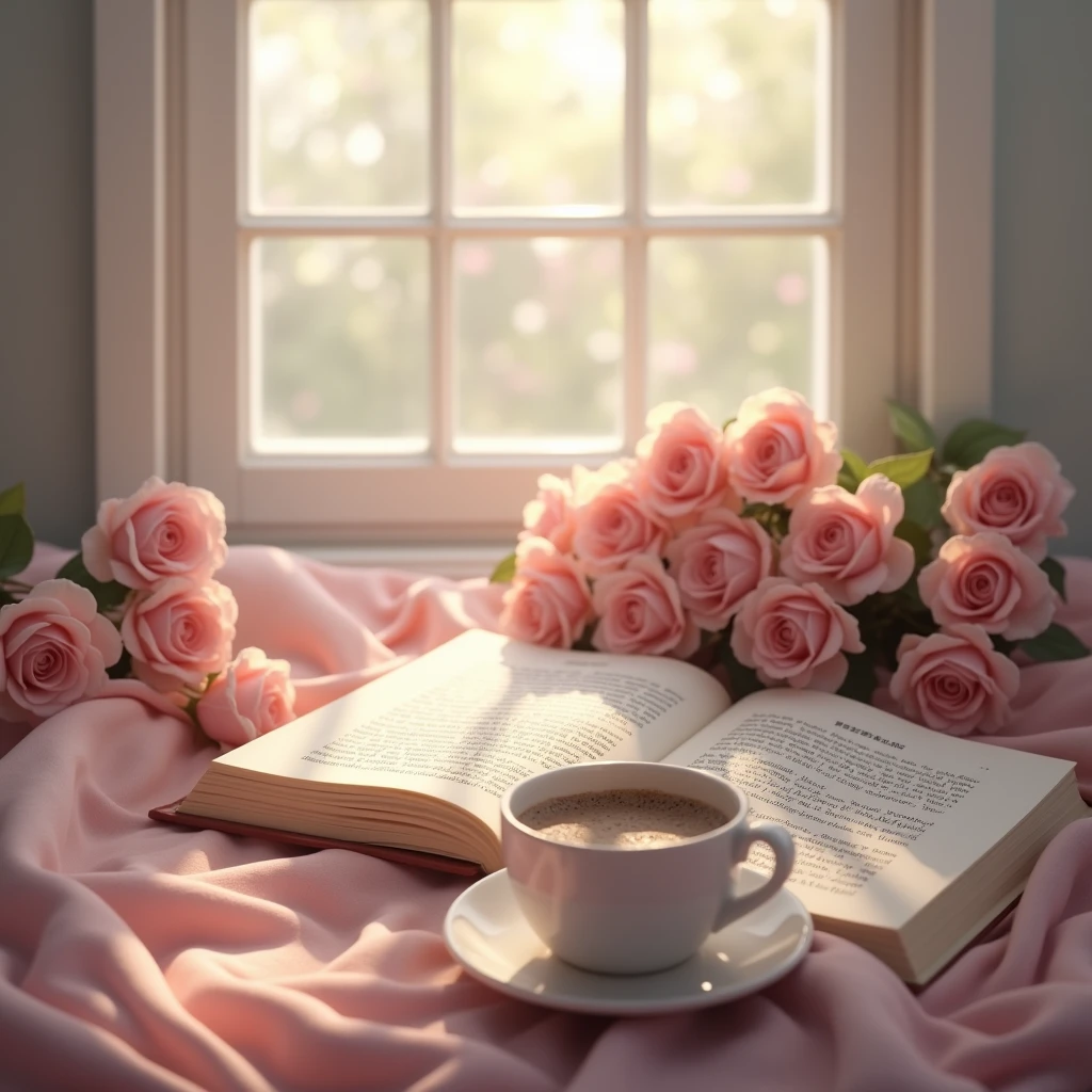 book,coffee,Pink Roses,By the window