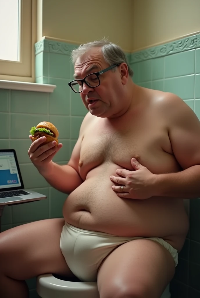 A slightly overweight man wearing glasses and underwear sitting on in a toilet scratching his bellybutton with his rights hand while biting hamburger with his left while staring at a laptop viewed from the side