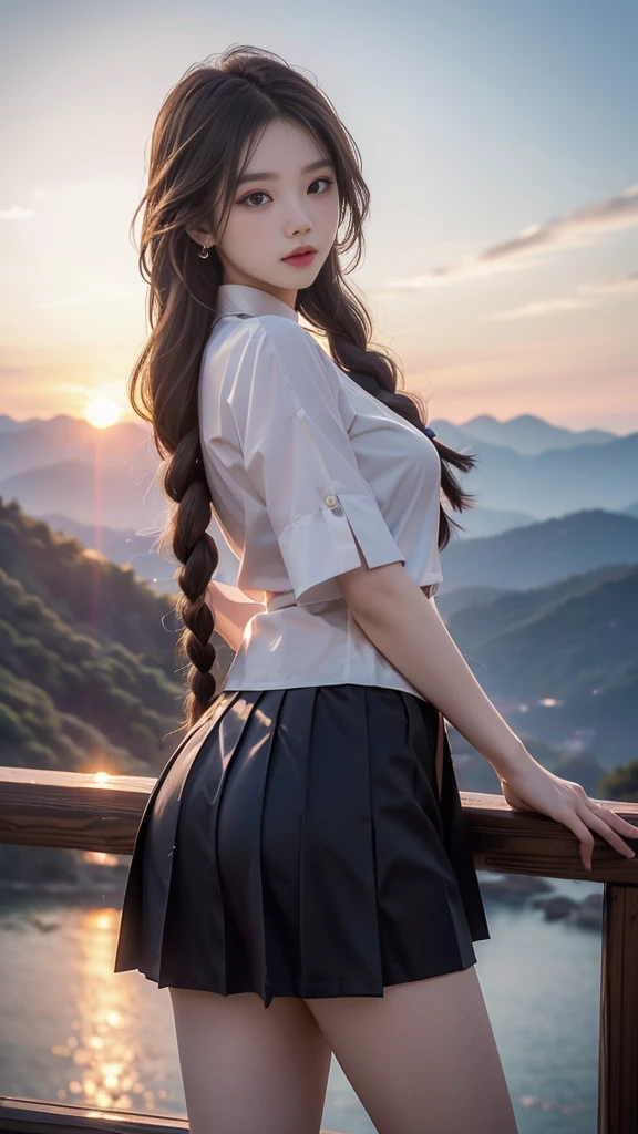 ulzzang-6500-v1.1, (RAW photo: 1.2), (Real photo), (Real photo: 1.4), 1 girl、Perfect anatomy、1、Looking at the camera、Medium length hair、side braids, Uniform sexy skirt, watching the sunset, ((in the mountains: 1.1))、(Business service)、Asian eyes Ella,