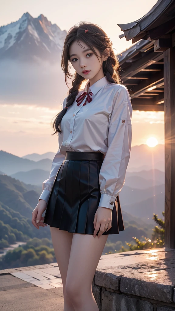 ulzzang-6500-v1.1, (RAW photo: 1.2), (Real photo), (Real photo: 1.4), 1 girl、Perfect anatomy、1、Looking at the camera、Medium length hair、side braids, Uniform sexy skirt, watching the sunset, ((in the mountains: 1.1))、(Business service)、Asian eyes Ella,