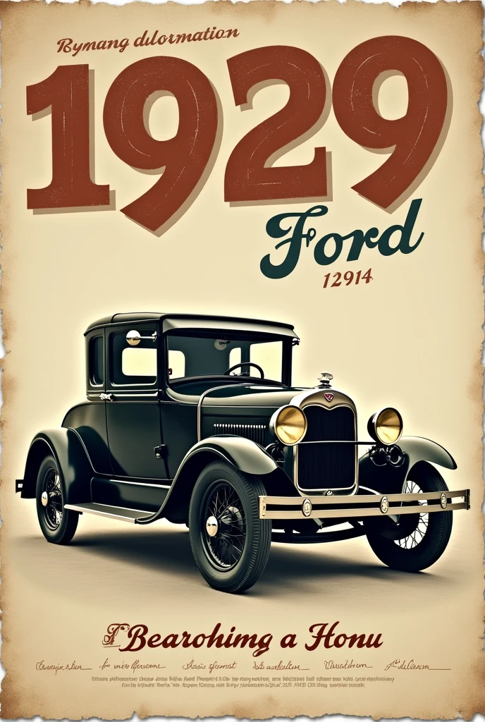vintage poster real photo of 1929 ford large, highlighted writings,