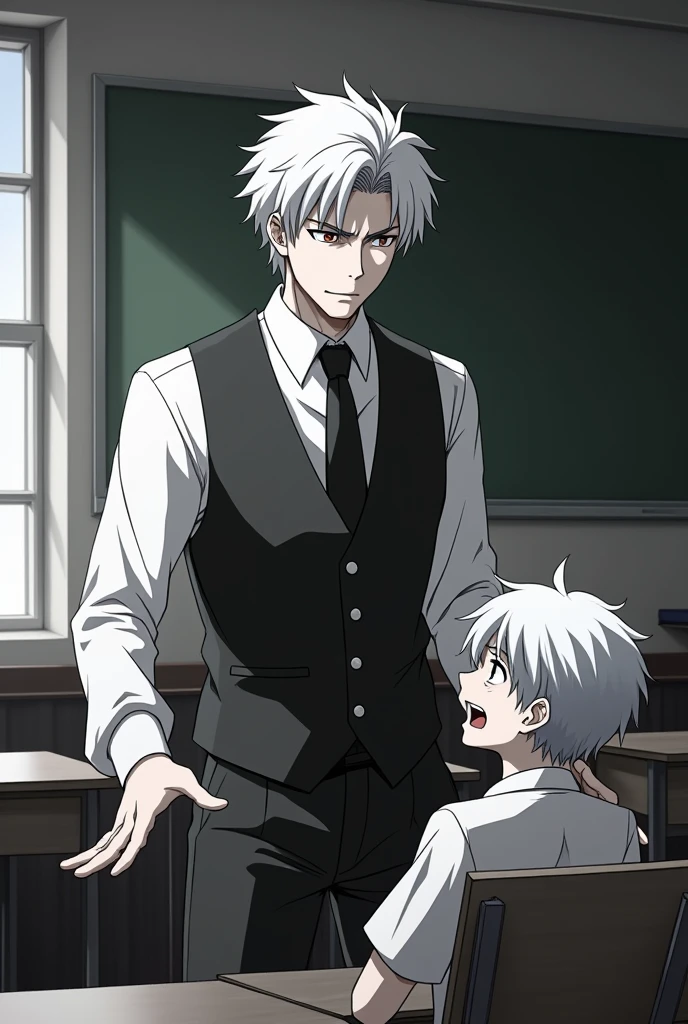 Anime 2d black and white Teacher yelling at white haired male student for sleeping in classroom