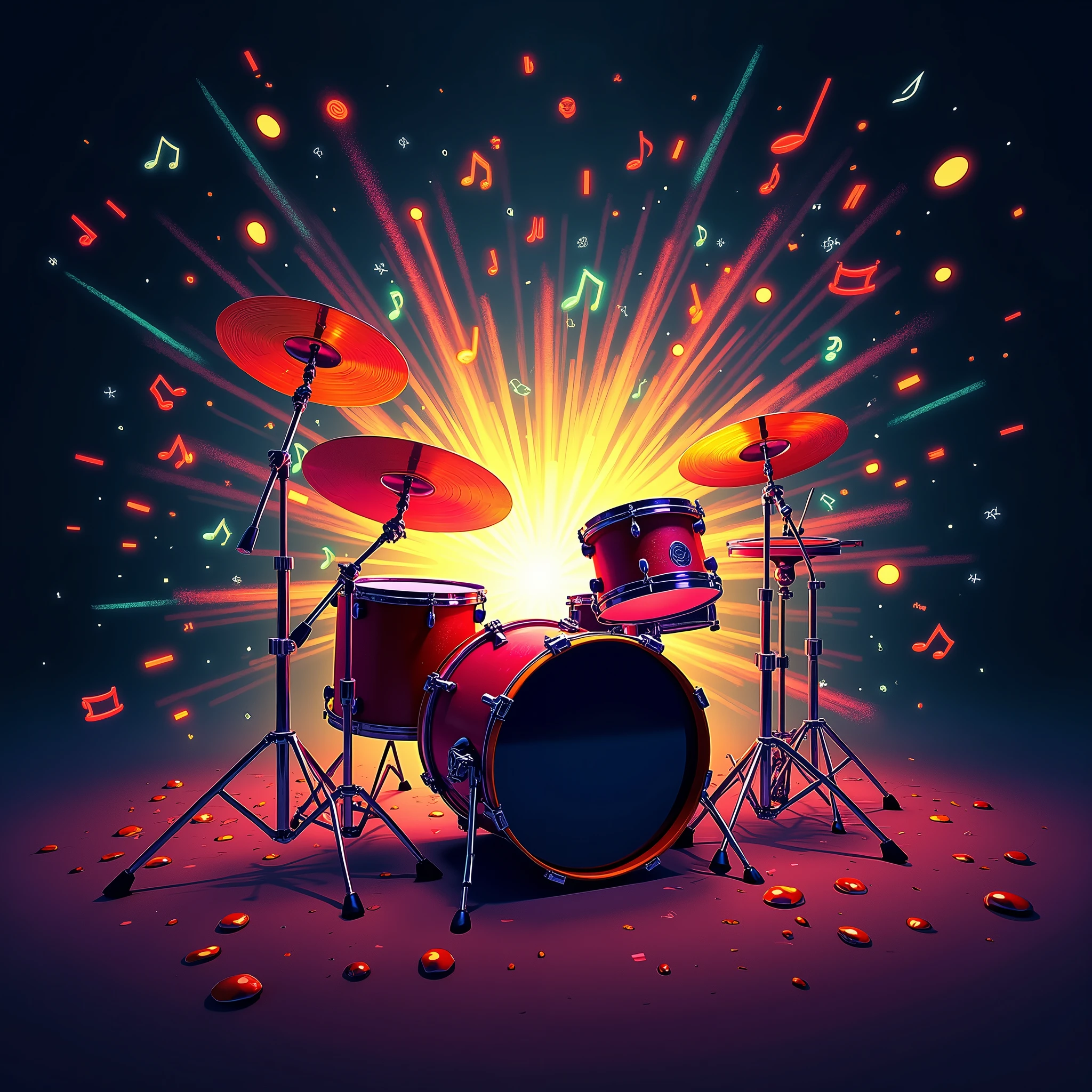 create the image of a very colorful drum kit with an explosion of musical notes.