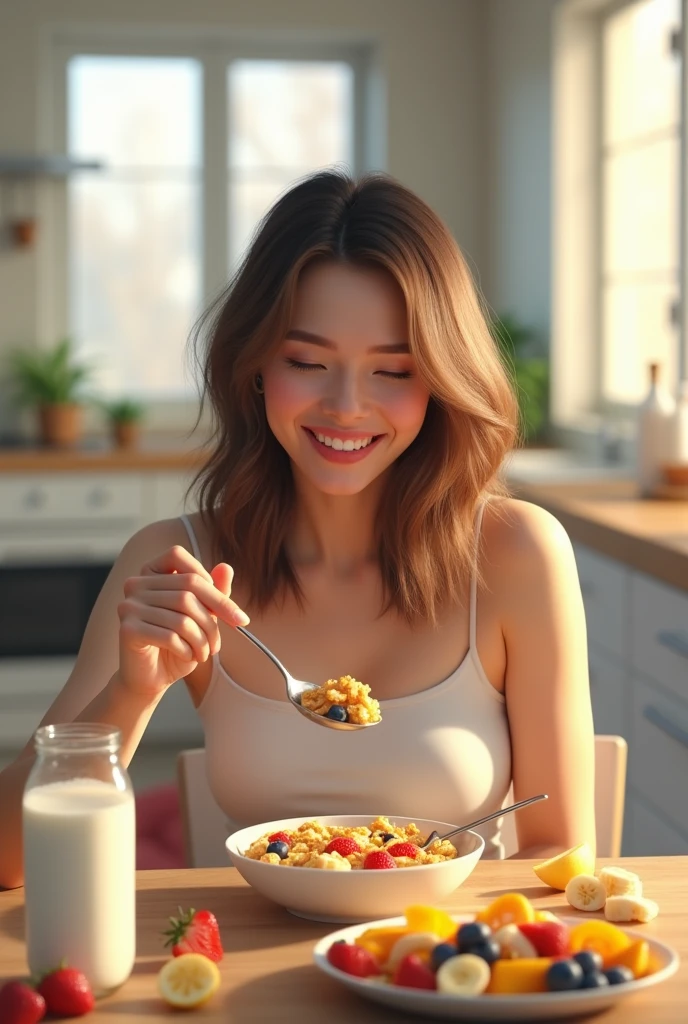 (photorealism:1.2), woman eating cereal in her daily life, add fruits, spoons, milk