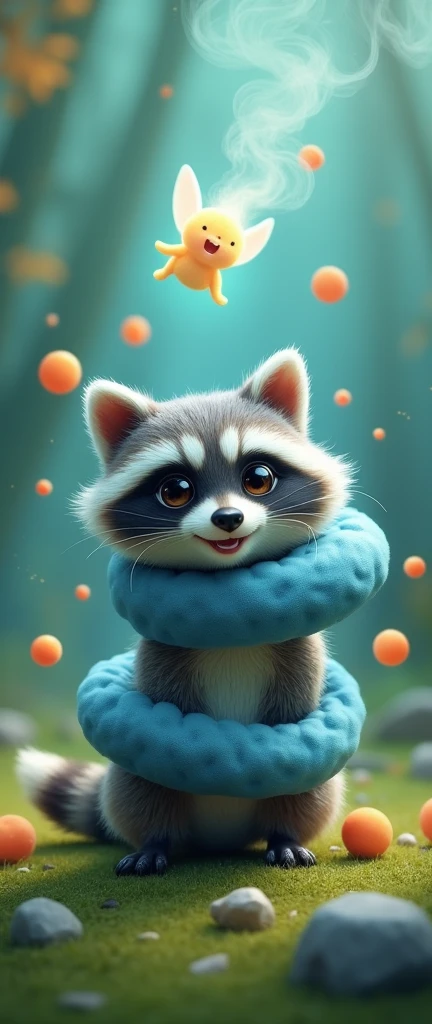 A photo of a fluffy baby raccoon with wide, expressive eyes and a playful smile. The raccoon is spiraling or transforming, with its body elongating and twisting into a whimsical, blue-tinted form. The background is a vibrant mix of teal and green, with floating orange orbs and a few scattered gray rocks on a grassy surface. Above the raccoon, there's a small, glowing, smoky figure, possibly a spirit or a fairy.
