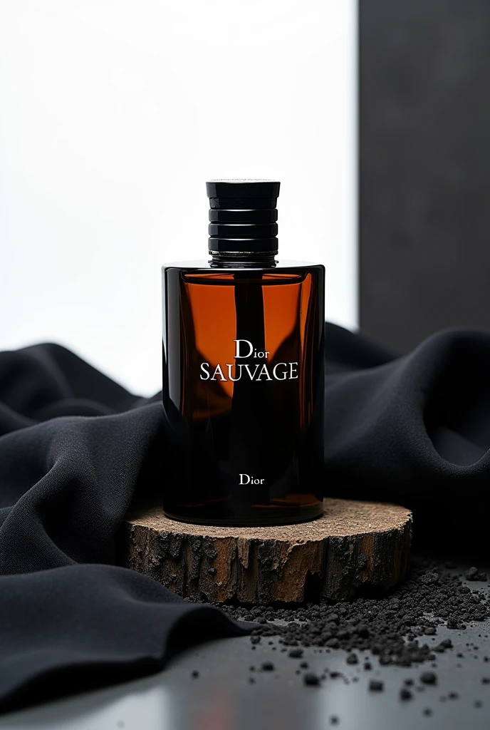 A Dior Sauvage perfume bottle surrounded by dark studio elements, with a silent white as the backdrop."