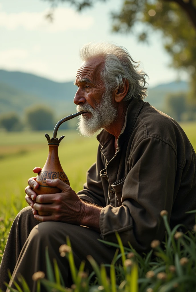 Old man in a field drinking Uruguayan mate
