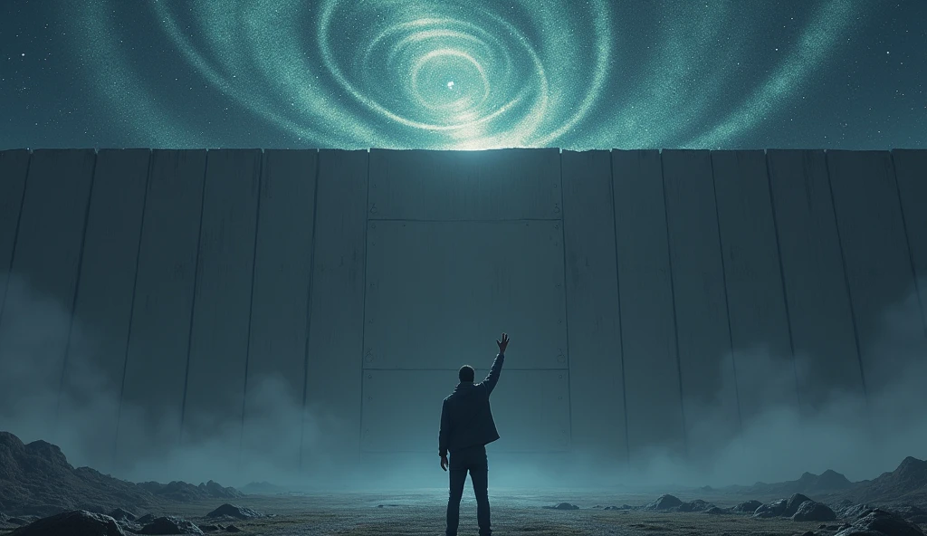 10. A lone figure standing in front of a massive, imposing wall, with their hand raised as if challenging it, under a sky filled with swirling stars.