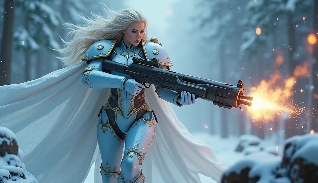 a beautiful woman with long platinum blonde hair, porcelain skin, ice blue eyes, sexy sisters of battle from the warhammer 40k, shooting at the enemy, frosty white and light blue space marine armor with intricate details, religous symbols on the armor, sisters of battle, warhammer 40k, Massive silicone breast, pale skin, seductive, temptation, eat your soul, clevage, , standing in a magical winter wonderland with snow-covered trees and frozen lakes, intricate ice crystals and snowflakes surrounding her, (best quality,4k,8k,highres,masterpiece:1.2),ultra-detailed,(realistic,photorealistic,photo-realistic:1.37),fantasy,digital art,cinematic lighting, highly detailed armor, intricate futuristic weaponry, gritty and realistic, mecha, science fiction, hyper-detailed, photorealistic, award winning digital art, 8k, HDR, masters work, in the middle of a battle field, full body combat action pose, explosions and fire around, full war, charging, running forward, attacking, stunning, Stilleto heels, high heels, full body pose, cinematic, dust and debree, combat screams, attacking, shooting at the enemy, sisters of battle, warhammer 40kdramatic color palette,frozen landscape,ice powers,snow queen