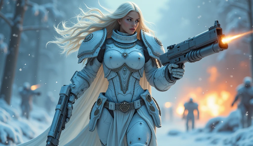 a beautiful woman with long platinum blonde hair, porcelain skin, ice blue eyes, sexy sisters of battle from the warhammer 40k, shooting at the enemy, frosty white and light blue space marine armor with intricate details, religous symbols on the armor, sisters of battle, warhammer 40k, Massive silicone breast, pale skin, seductive, temptation, eat your soul, clevage, , standing in a magical winter wonderland with snow-covered trees and frozen lakes, intricate ice crystals and snowflakes surrounding her, (best quality,4k,8k,highres,masterpiece:1.2),ultra-detailed,(realistic,photorealistic,photo-realistic:1.37),fantasy,digital art,cinematic lighting, highly detailed armor, intricate futuristic weaponry, gritty and realistic, mecha, science fiction, hyper-detailed, photorealistic, award winning digital art, 8k, HDR, masters work, in the middle of a battle field, full body combat action pose, explosions and fire around, full war, charging, running forward, attacking, stunning, Stilleto heels, high heels, full body pose, cinematic, dust and debree, combat screams, attacking, shooting at the enemy, sisters of battle, warhammer 40kdramatic color palette,frozen landscape,ice powers,snow queen